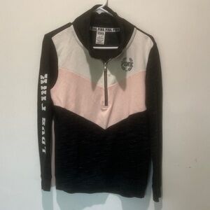 Victorias Secret Pink Colorblock Quarter Zip Pullover Sweatshirt Black Marl/Pink